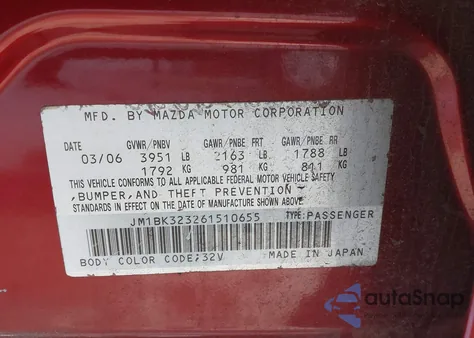2006 Mazda Mazda3 S из США, поврежденный, VIN JM1BK323261510655